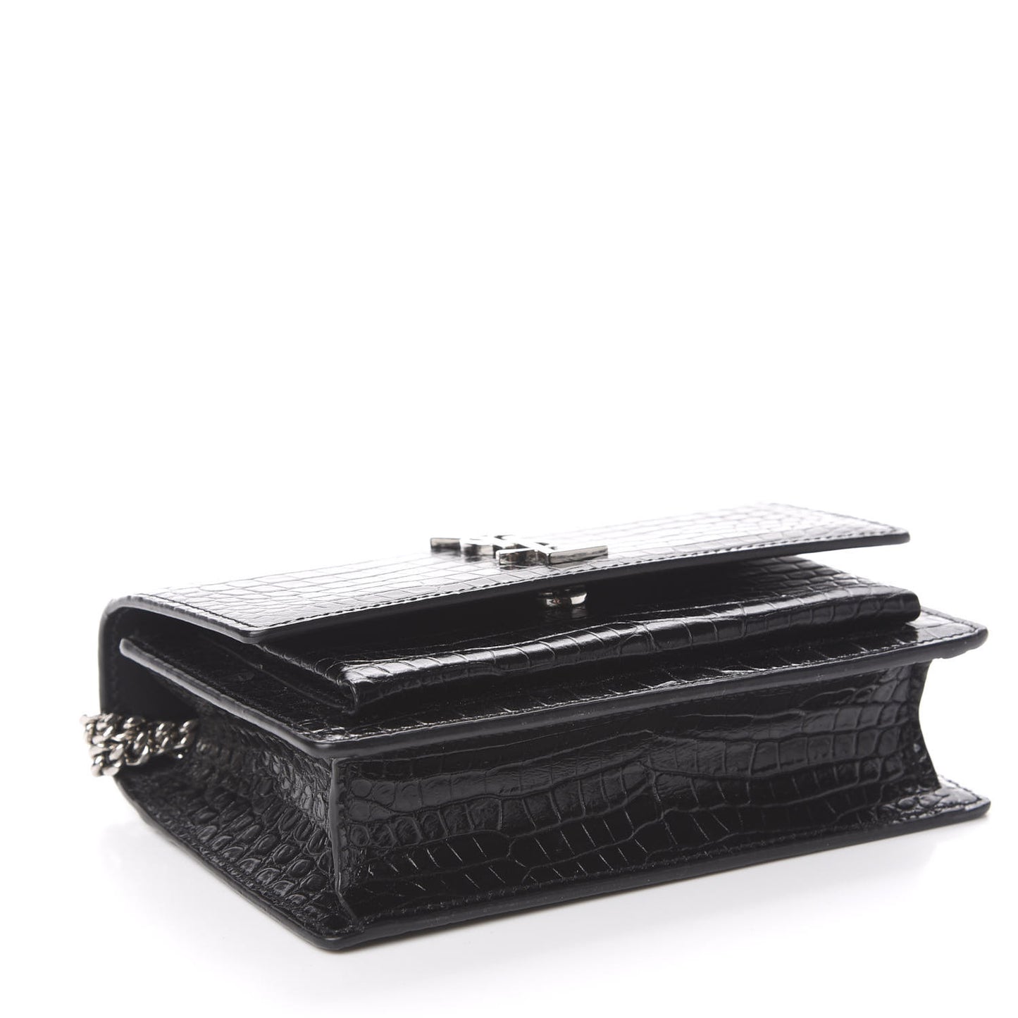 Calfskin Crocodile Embossed Monogram Sunset Chain Wallet Black