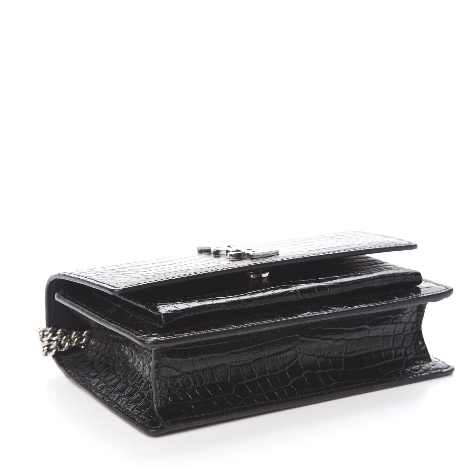 Saint Laurent Calfskin Crocodile Embossed Monogram Sunset Chain Wallet Black 4 of 10