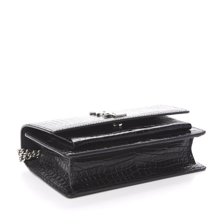Saint Laurent Calfskin Crocodile Embossed Monogram Sunset Chain Wallet Black 4 of 10
