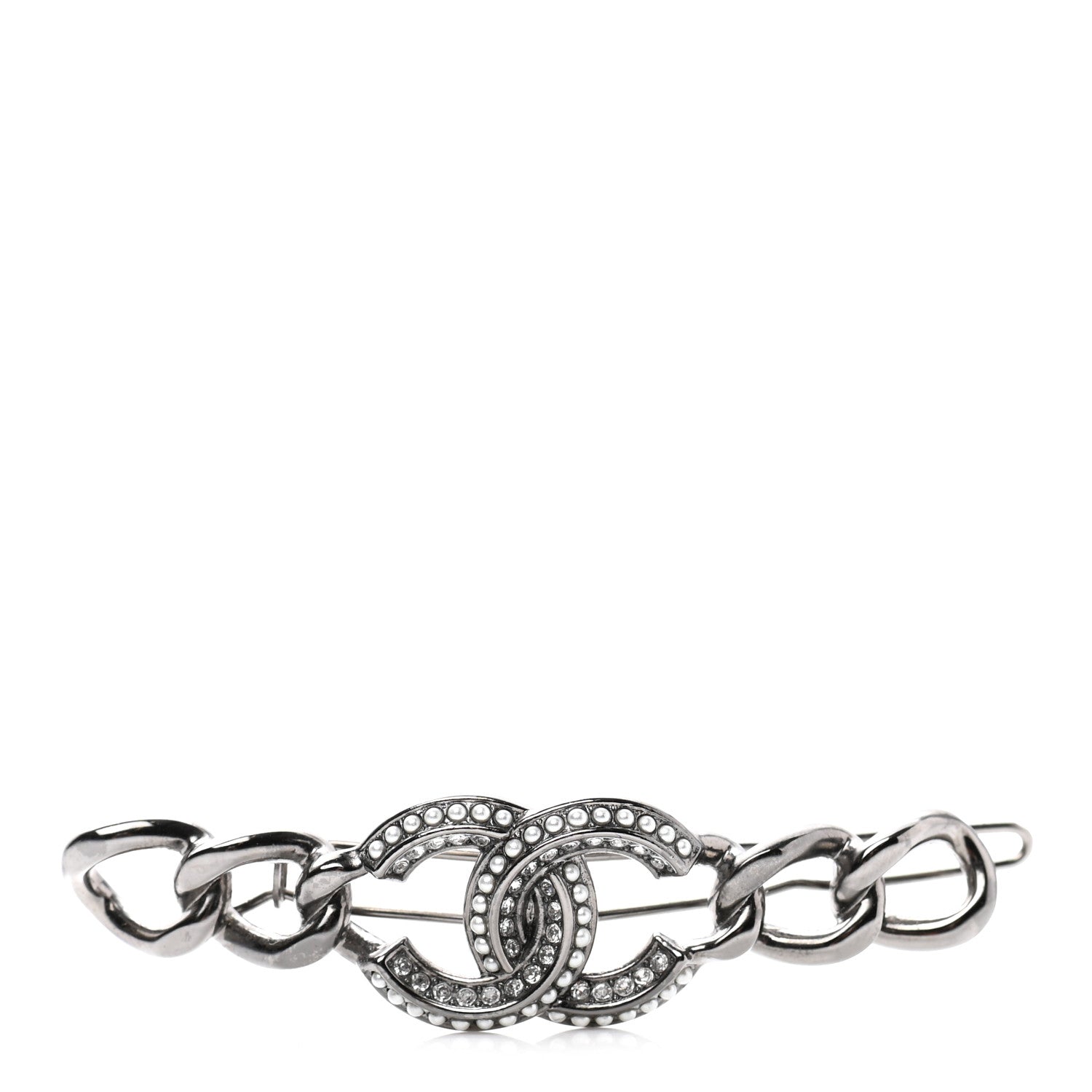 Chanel Crystal Pearl CC Hair Clip Barrette Ruthenium 1 of 4