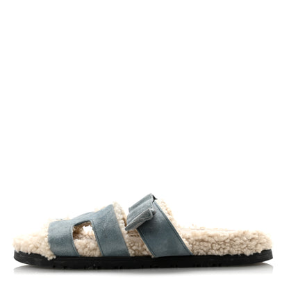 Hermes Suede Goatskin Woolskin Womens Chypre Sandals 38.5 Bleu Pinede Ecru 1 of 9