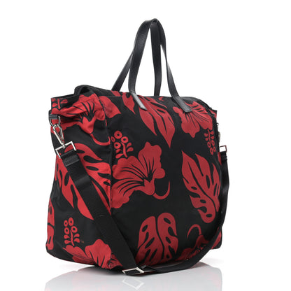 Prada Tessuto Nylon Saffiano Hibiscus Print Tote Black Rosso 3 of 13