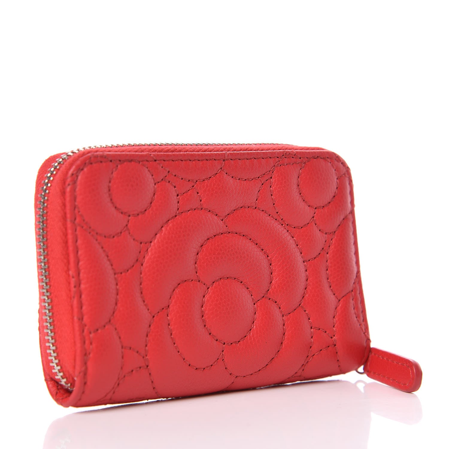 Chanel Caviar Camellia Embossed Zip Coin Purse Red 3 of 8