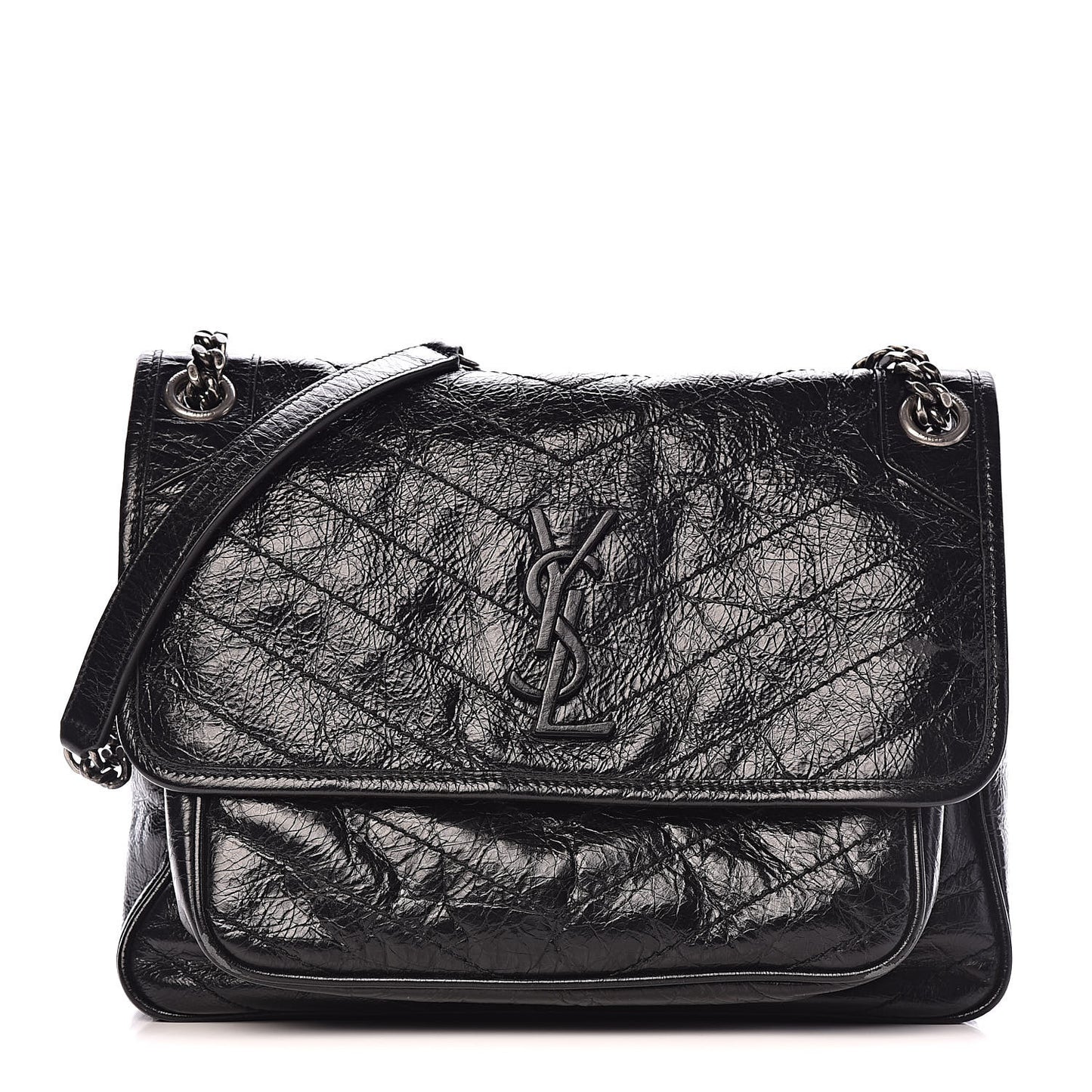 Crinkled Calfskin Matelasse Monogram Medium Niki Chain Satchel Black
