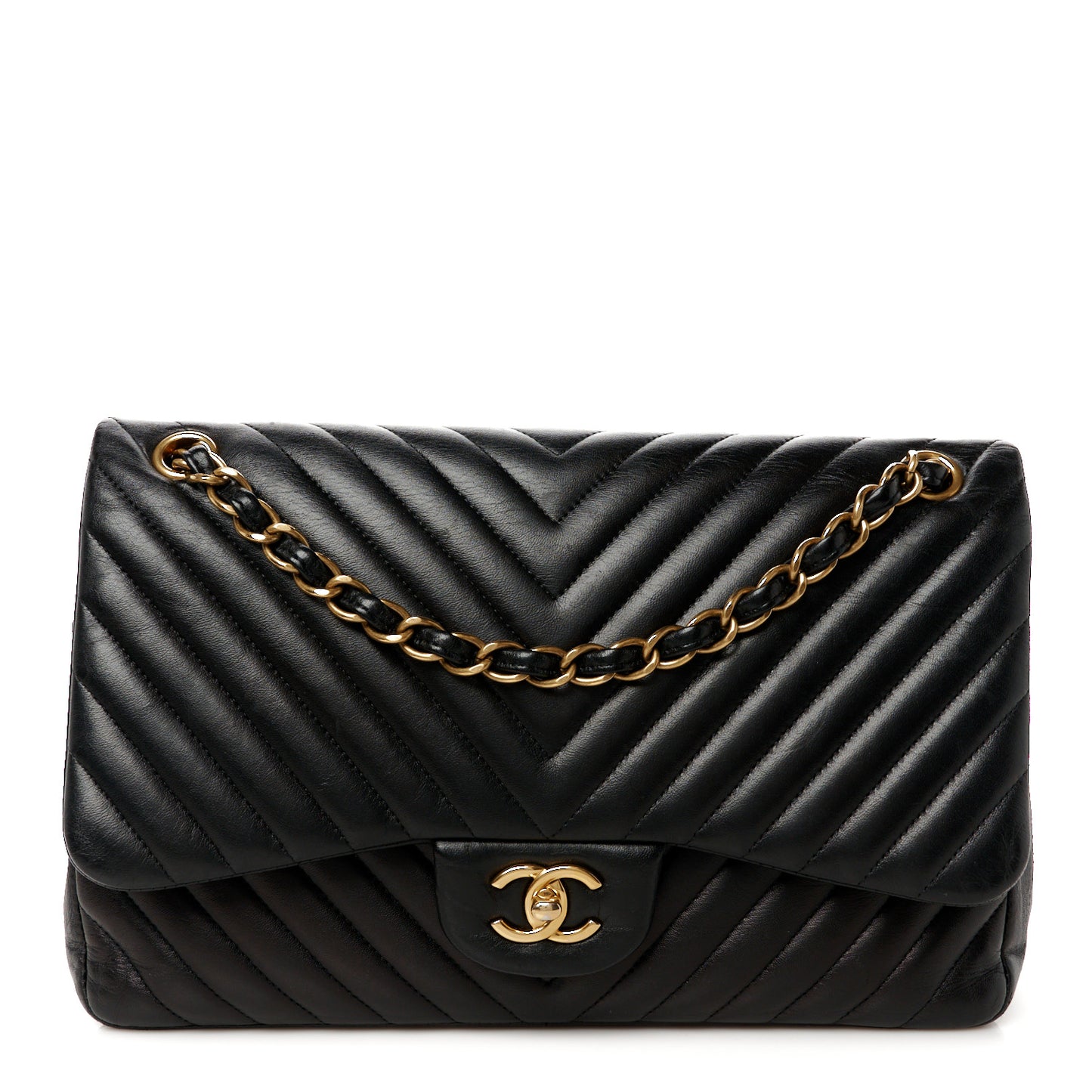 Lambskin Chevron Quilted Jumbo Double Flap Black