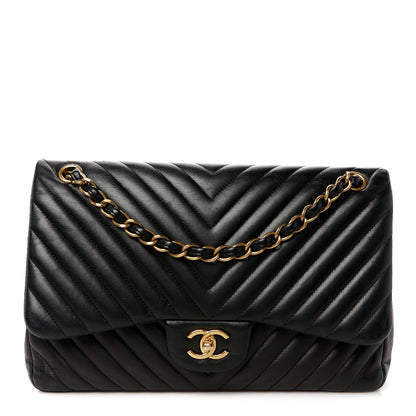Chanel Lambskin Chevron Quilted Jumbo Double Flap Black 1 of 11