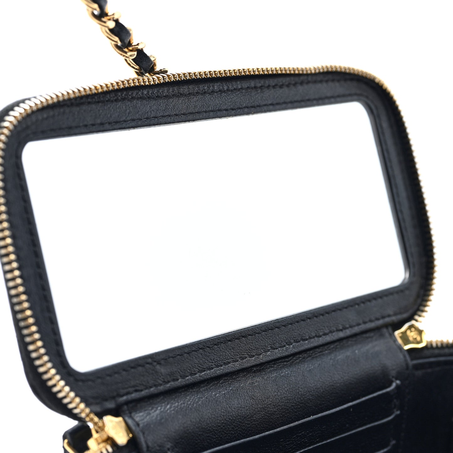 Shiny Lambskin Quilted Small Metal Wood Top Handle Vanity Case With Chain Black