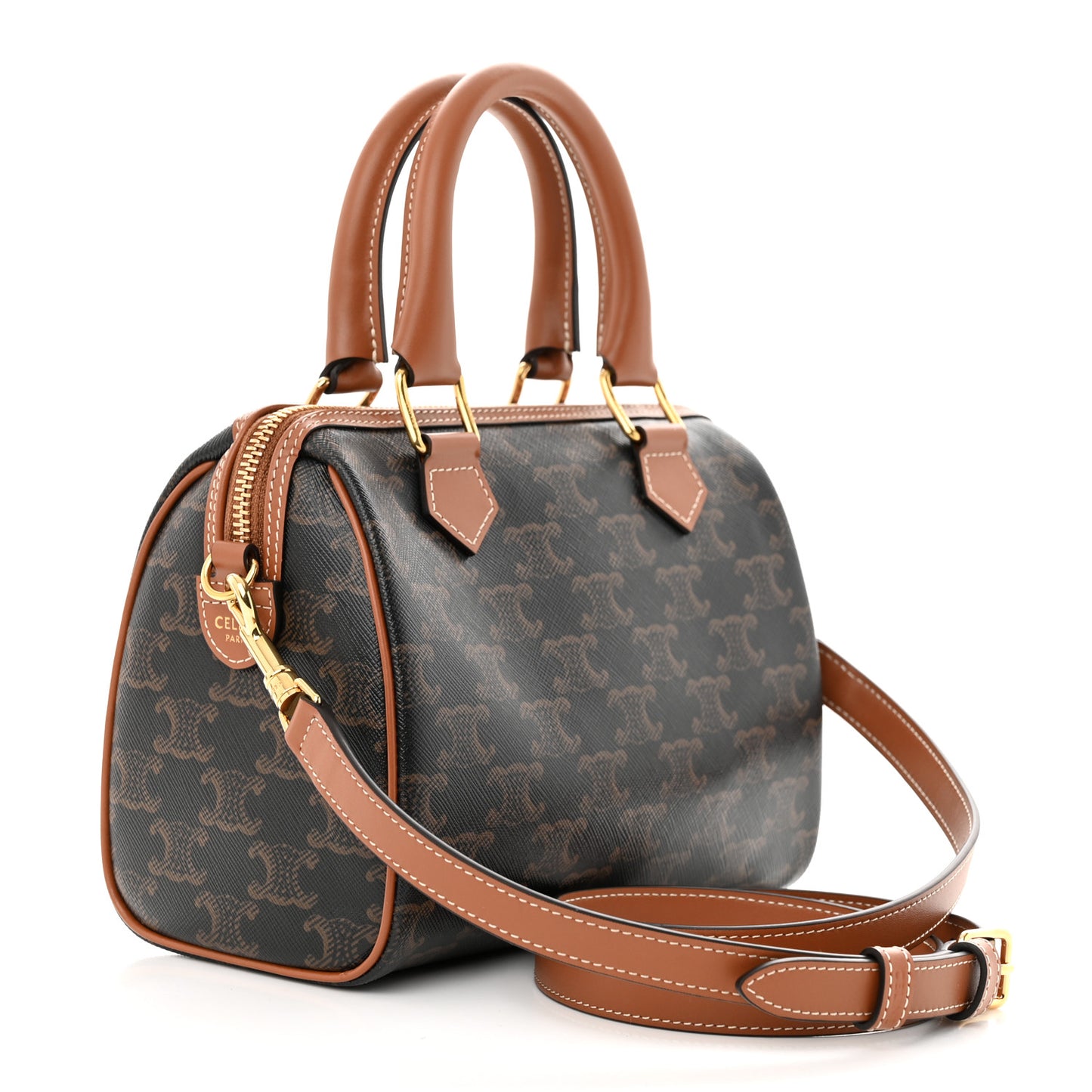 Triomphe Canvas Calfskin Small Boston Bag Tan