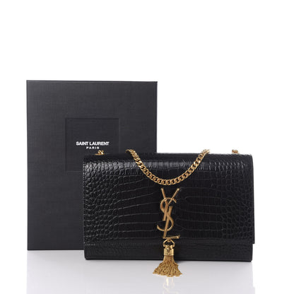 Saint Laurent Calfskin Crocodile Embossed Medium Classic Monogram Kate Tassel Satchel Black 10 of 10