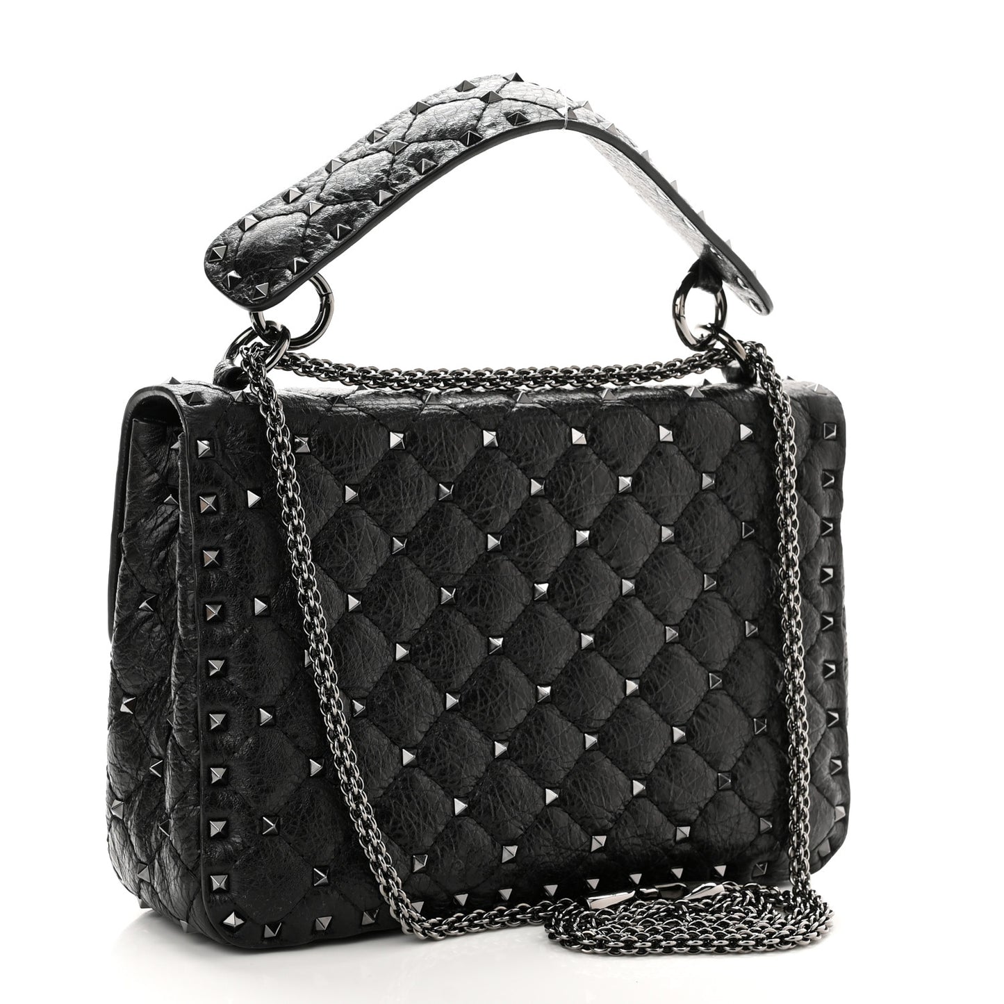 Craquele Nappa Medium Rockstud Spike Shoulder Bag Black