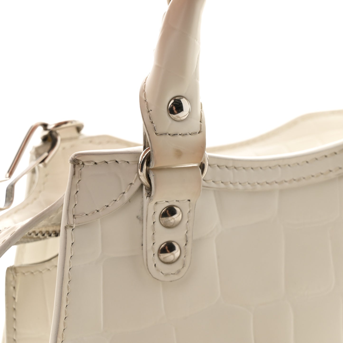 Semi Shiny Calfskin Crocodile Embossed Neo Classic Silver Hardware Nano City Crossbody White