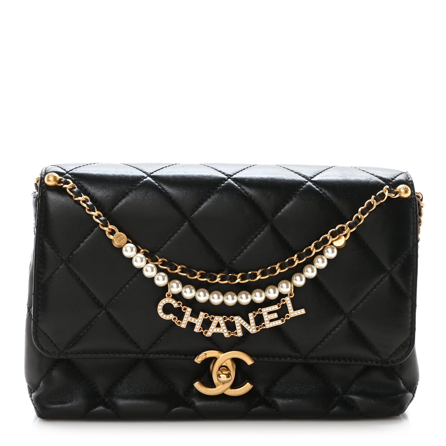 Chanel Shiny Lambskin Quilted Mini Pearl Logo Flap Black 1 of 10