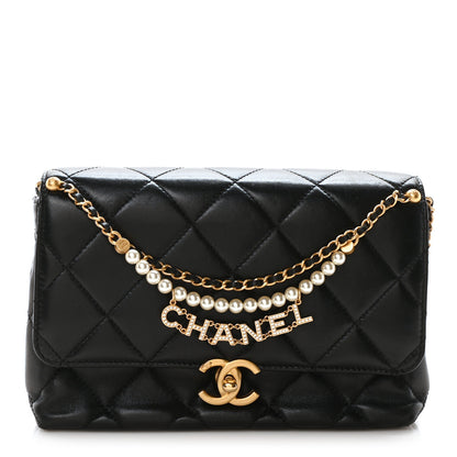 Chanel Shiny Lambskin Quilted Mini Pearl Logo Flap Black 1 of 10
