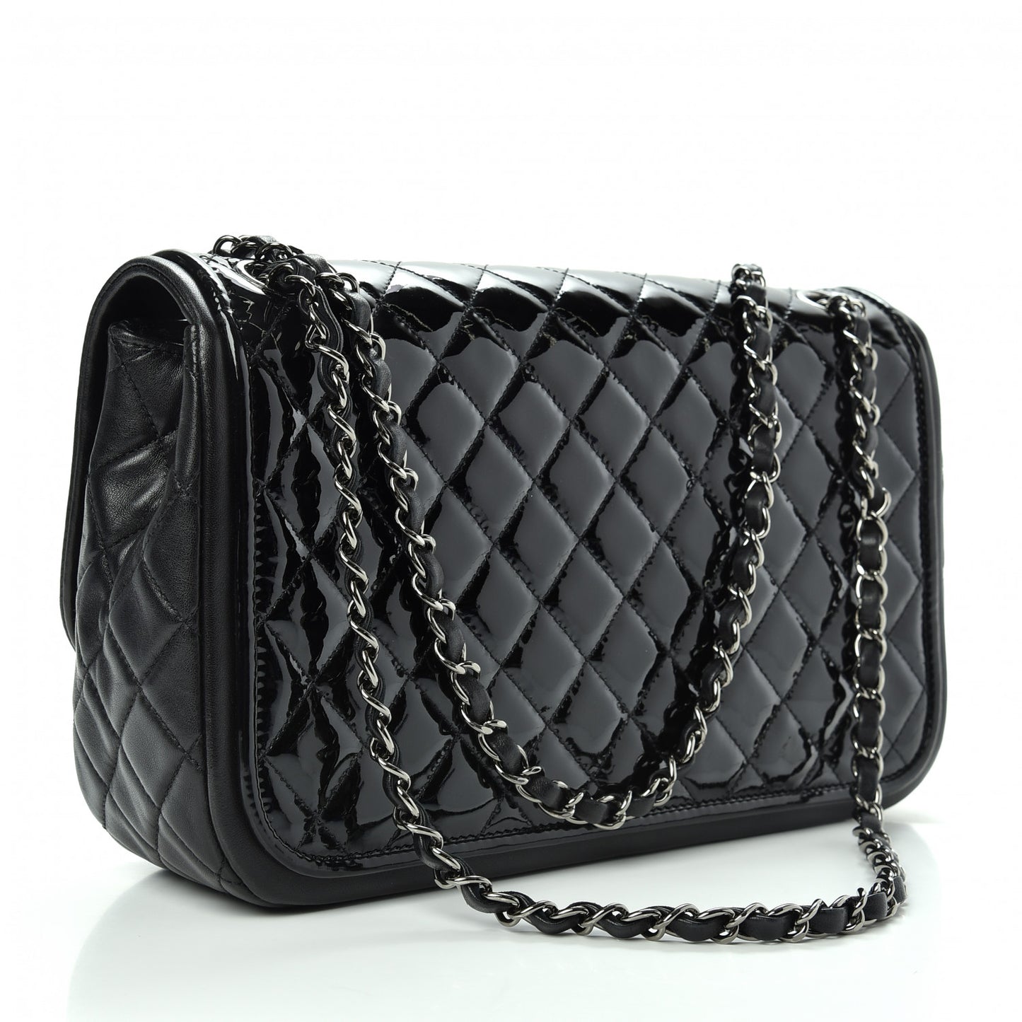 Patent Quilted Jumbo Classic Twist Flap Bag Black