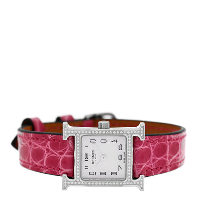 Hermes Stainless Steel Alligator Diamond Bezel Mother of Pearl 17.2mm Heure H Hour Quartz Watch Framboise 2 of 7