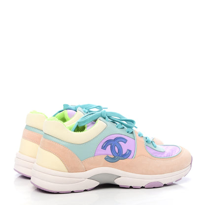 Chanel Nylon Lambskin Suede Calfskin CC Sneakers 39.5 Green Purple Pink 4 of 8