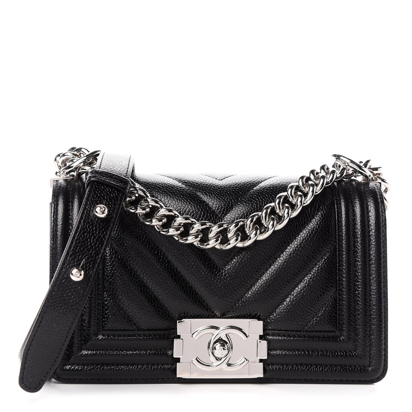 Caviar Chevron Quilted Small Boy Flap Black