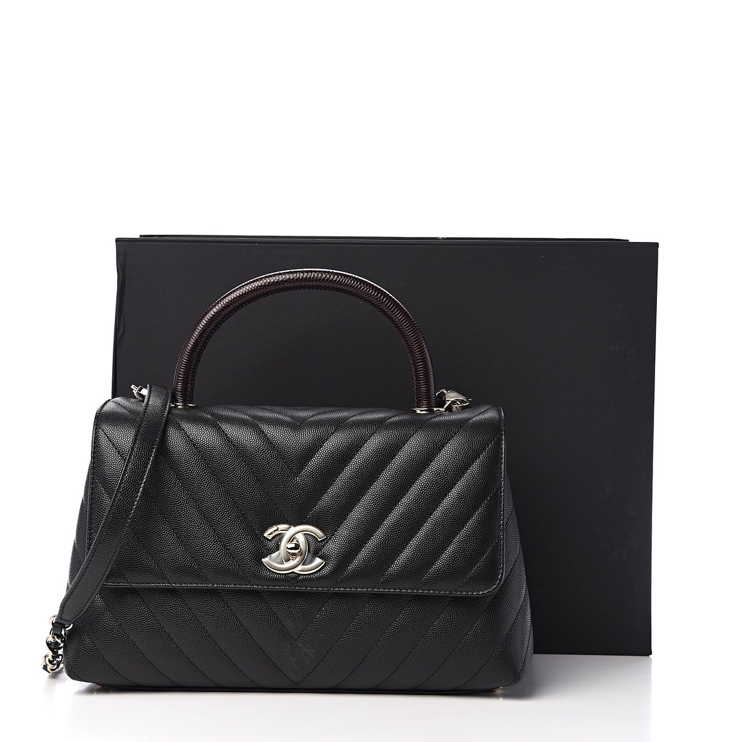 Caviar Lizard Embossed Quilted Chevron Small Coco Handle Flap Black