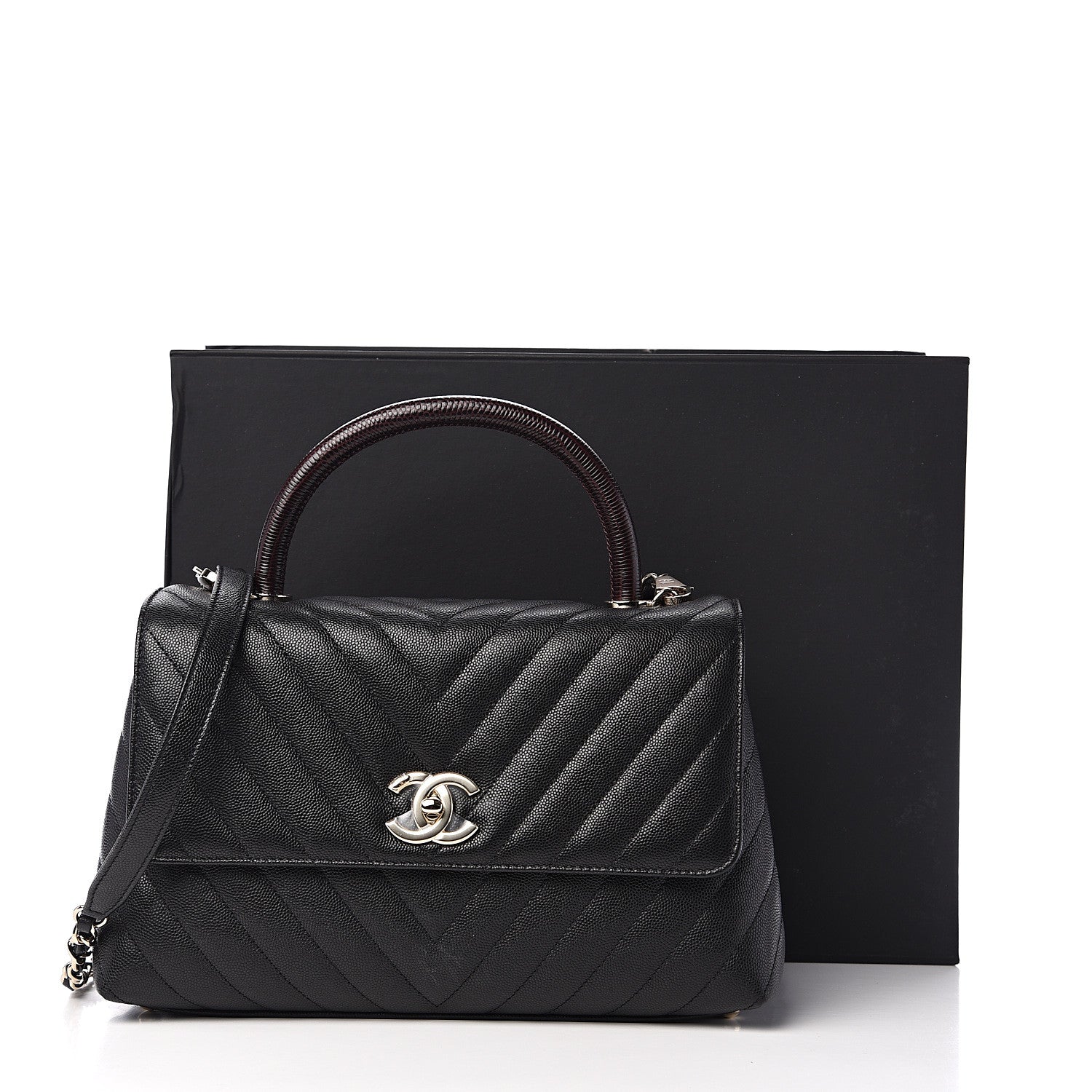 Chanel Caviar Lizard Embossed Quilted Chevron Small Coco Handle Flap Black 10 of 10