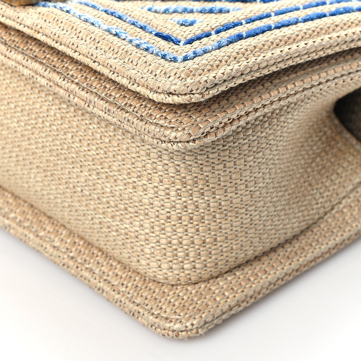 Chanel Cotton Canvas Calfskin Chevron Embroidered Small Boy Flap Beige Blue 9 of 9