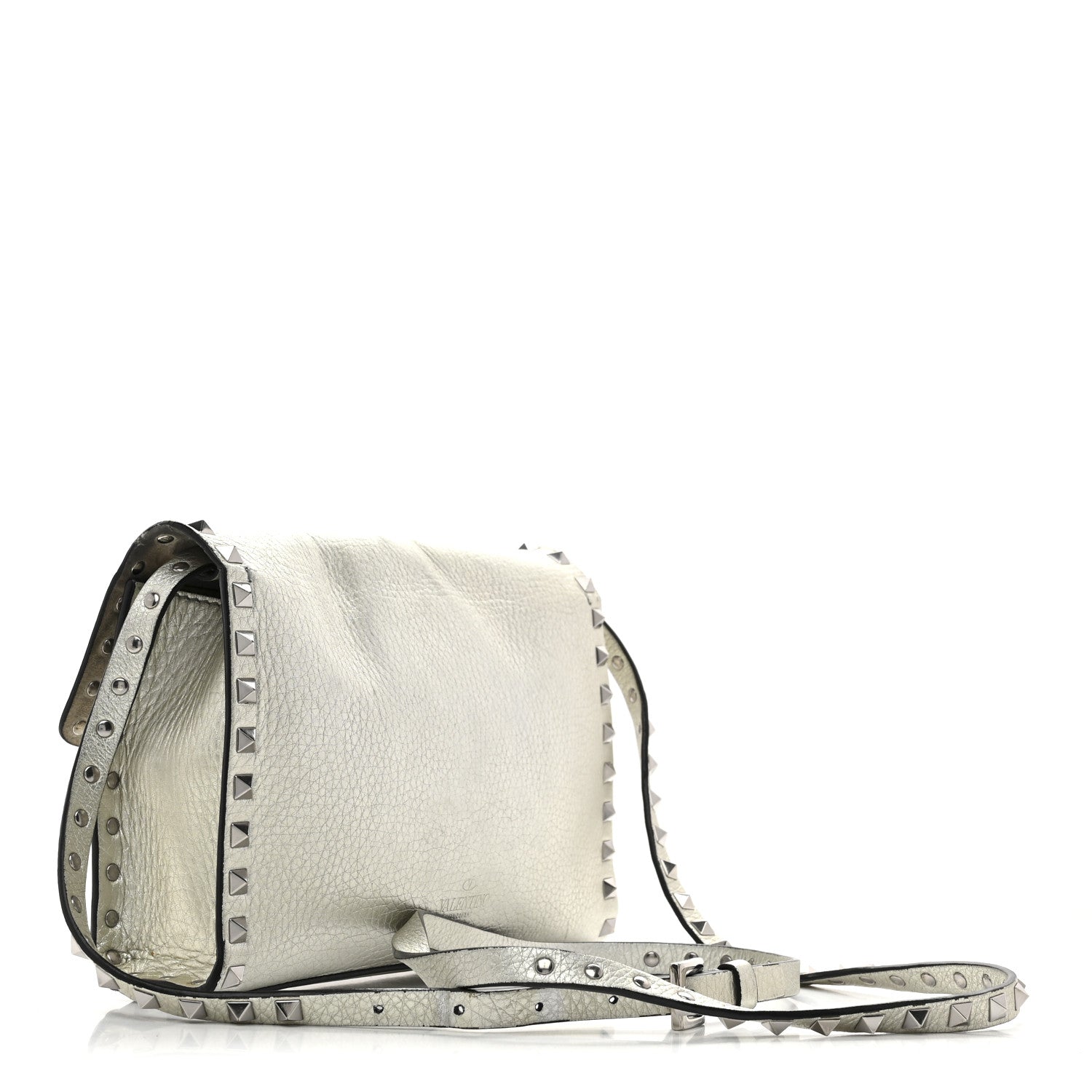 Valentino Garavani Metallic Pebbled Calfskin Medium Rockstud Flip Lock Crossbody Bag Silver 3 of 12