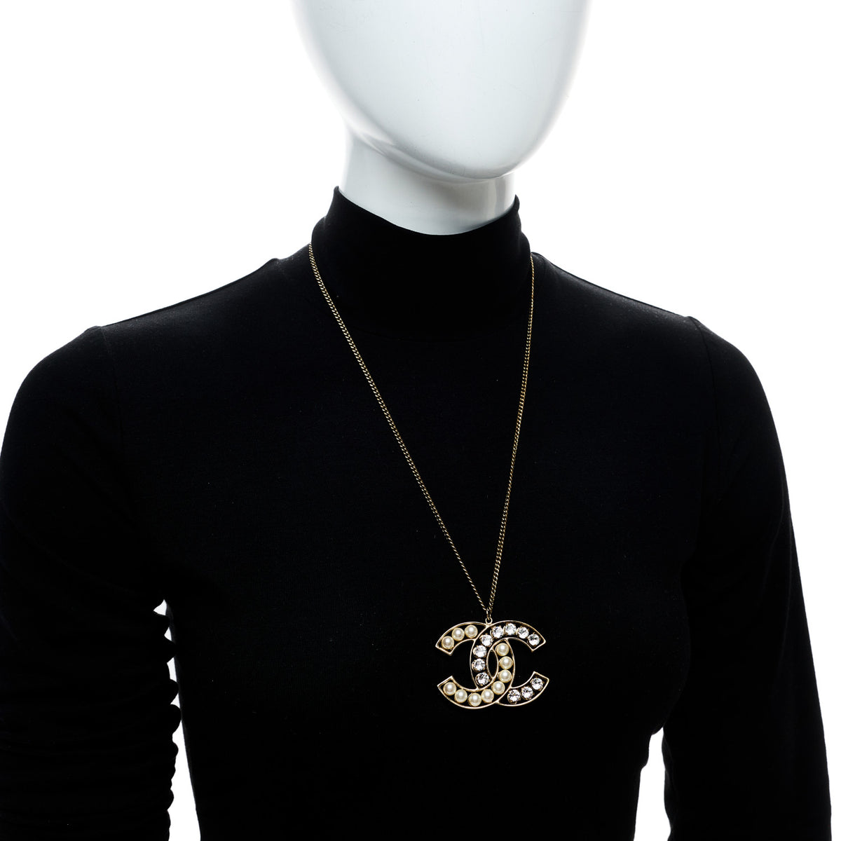 Pearl Crystal CC Pendant Necklace Gold