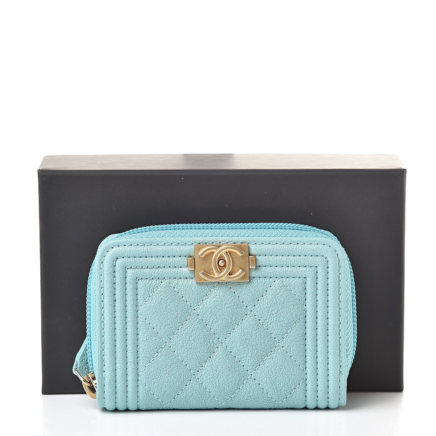 Caviar Quilted Boy Zip Around Coin Purse Wallet Light Blue