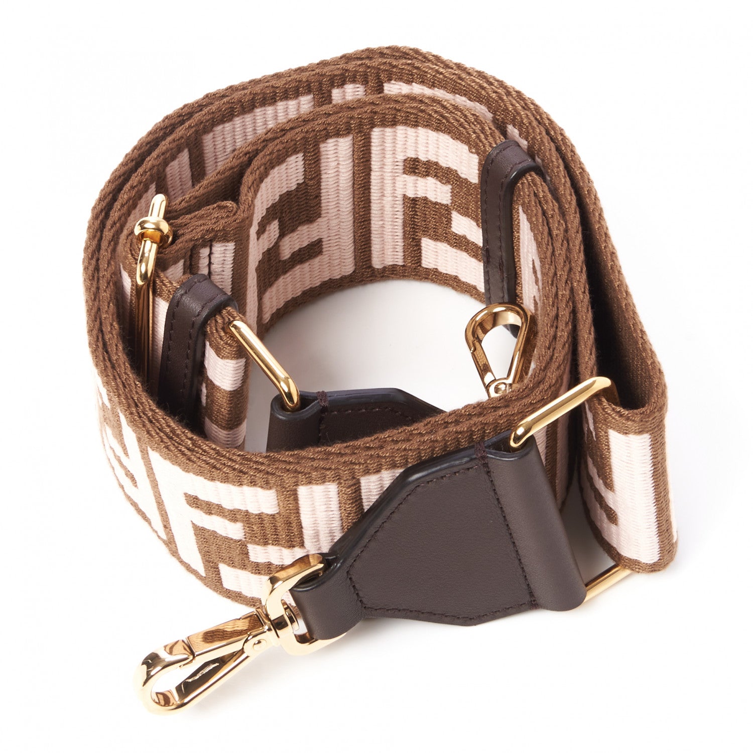 Fendi Ribbon Vitello Century FF 1974 Embroidered Adjustable Strap You Fango Rosa Confetto Chocolate 3 of 4