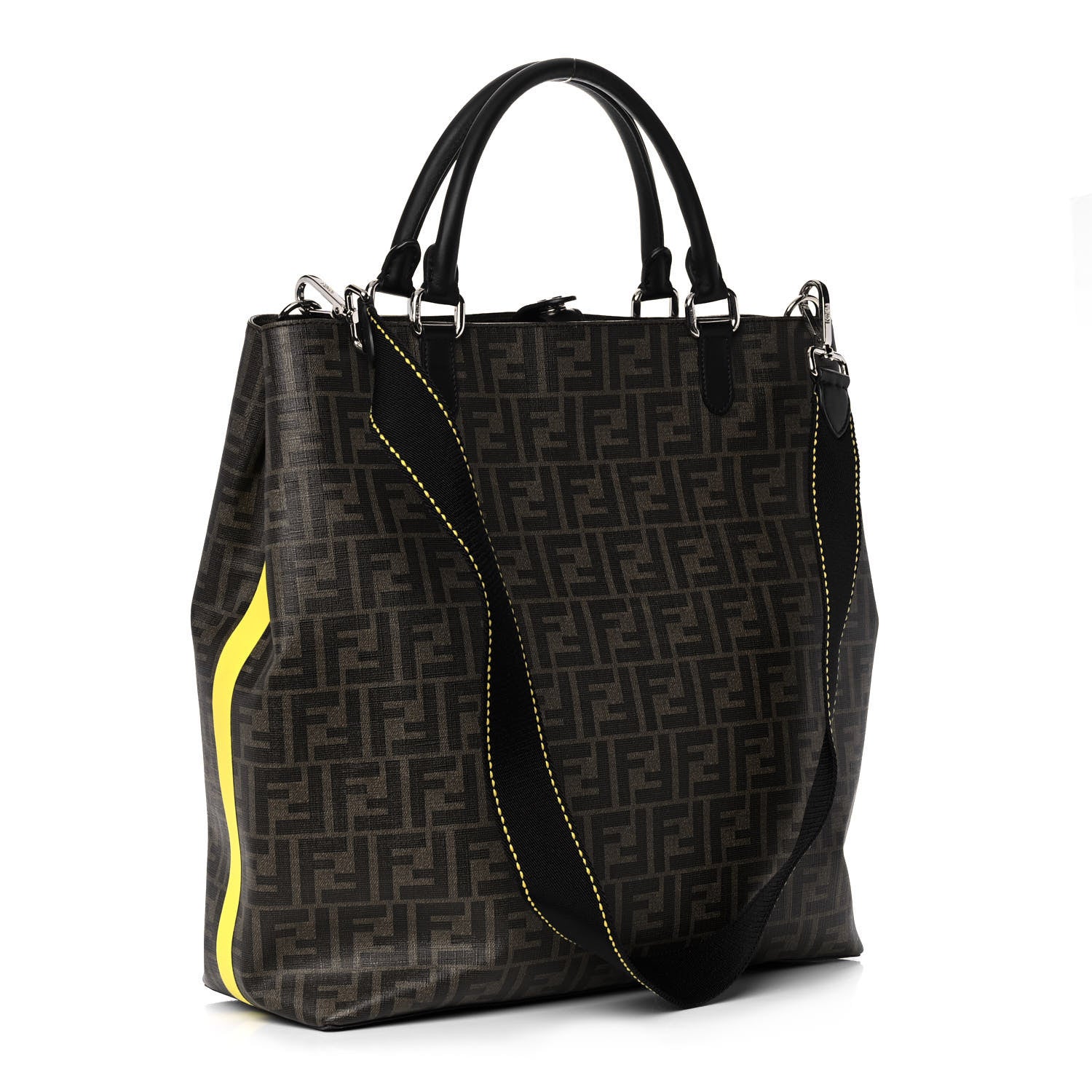 Fendi Glazed Fabric Vitello Century FF 1974 Roma Amor Tote Tobacco Moro Black Limone 3 of 14