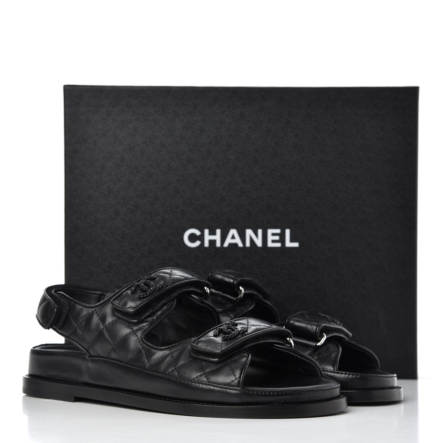 Lambskin Quilted Velcro Dad Sandals 38.5 Black
