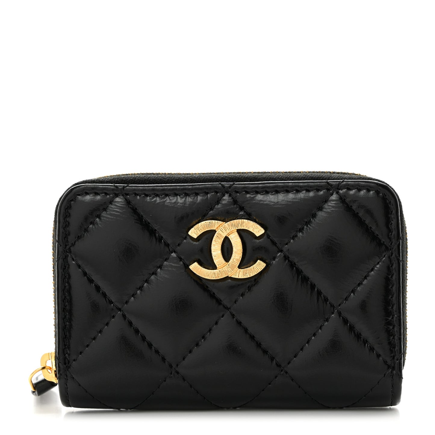 Shiny Lambskin Quilted Textured CC Zip Coin Purse Black