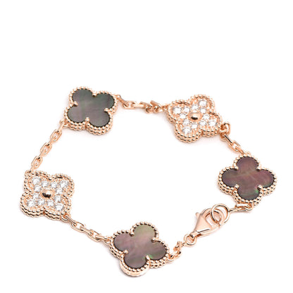 Van Cleef & Arpels 18K Rose Gold Diamond Gray Mother of Pearl 5 Motifs Vintage Alhambra Bracelet 3 of 6