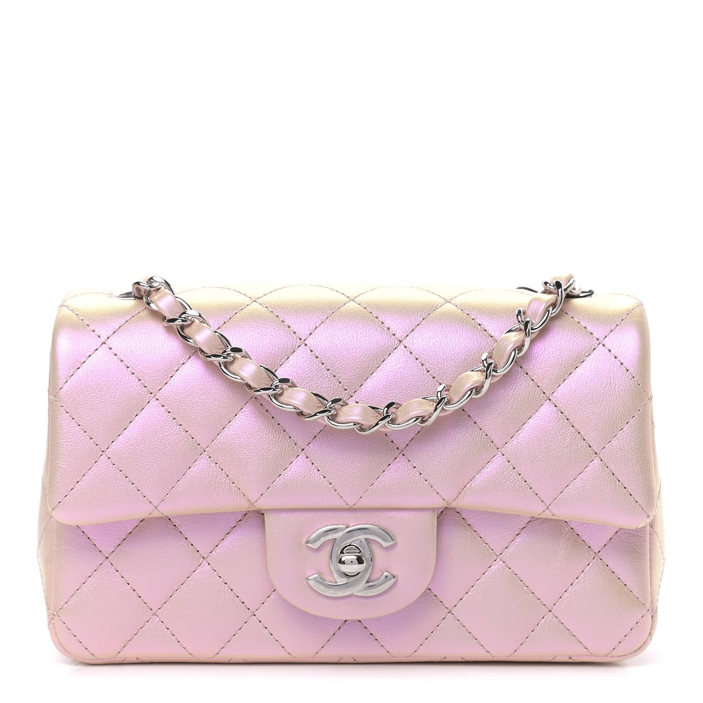 Iridescent Calfskin Quilted Mini Rectangular Flap Pink