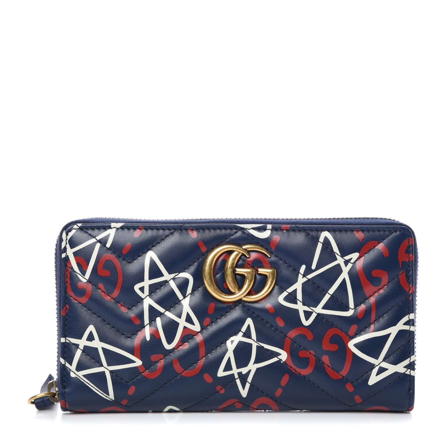 Gucci Calfskin Matelasse GucciGhost GG Marmont Zip Around Wallet Blue Agata Hibiscus Red 1 of 10