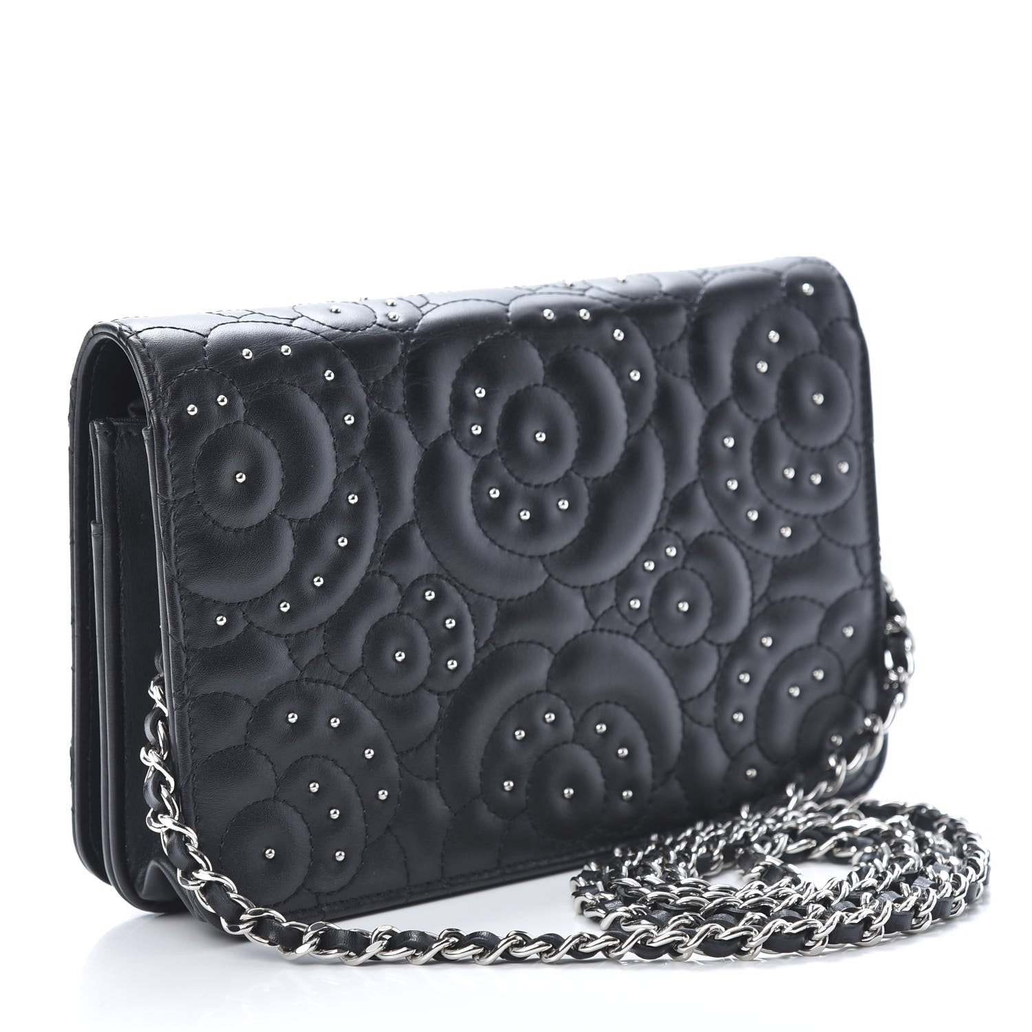 Chanel Lambskin Camellia Studded Wallet on Chain WOC Black 3 of 15
