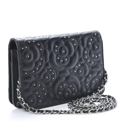 Chanel Lambskin Camellia Studded Wallet on Chain WOC Black 3 of 15