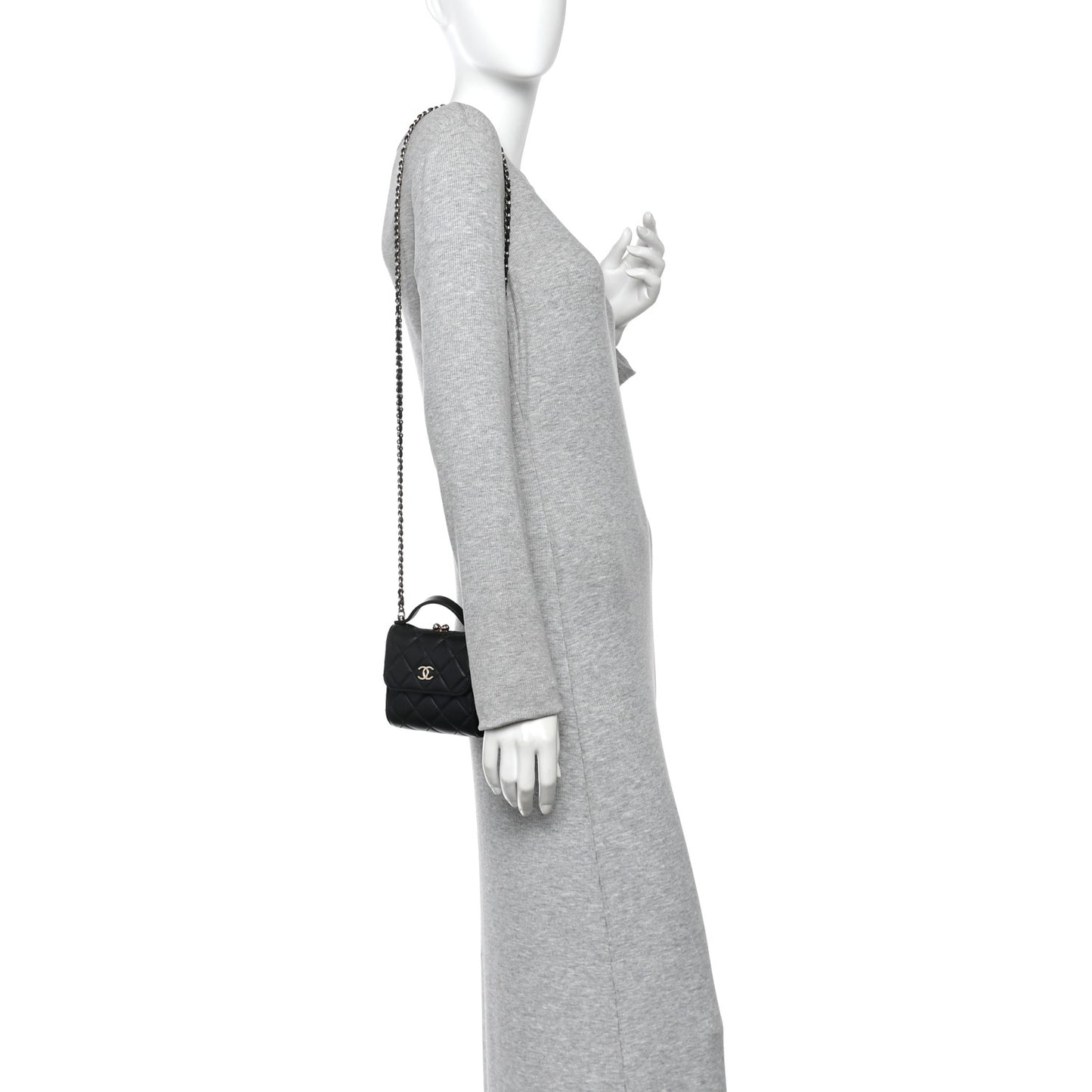 Lambskin Quilted Kiss Lock Top Handle Flap Clutch With Chain Black