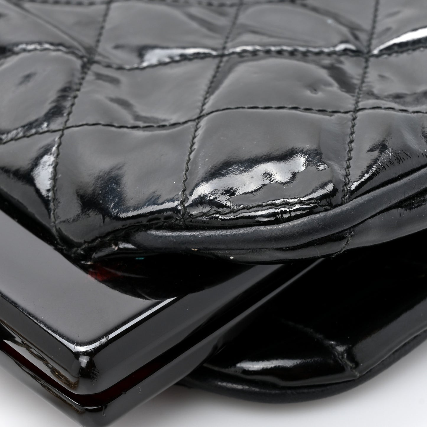 Patent Quilted Resin Frame Clutch Flap With Chain Black