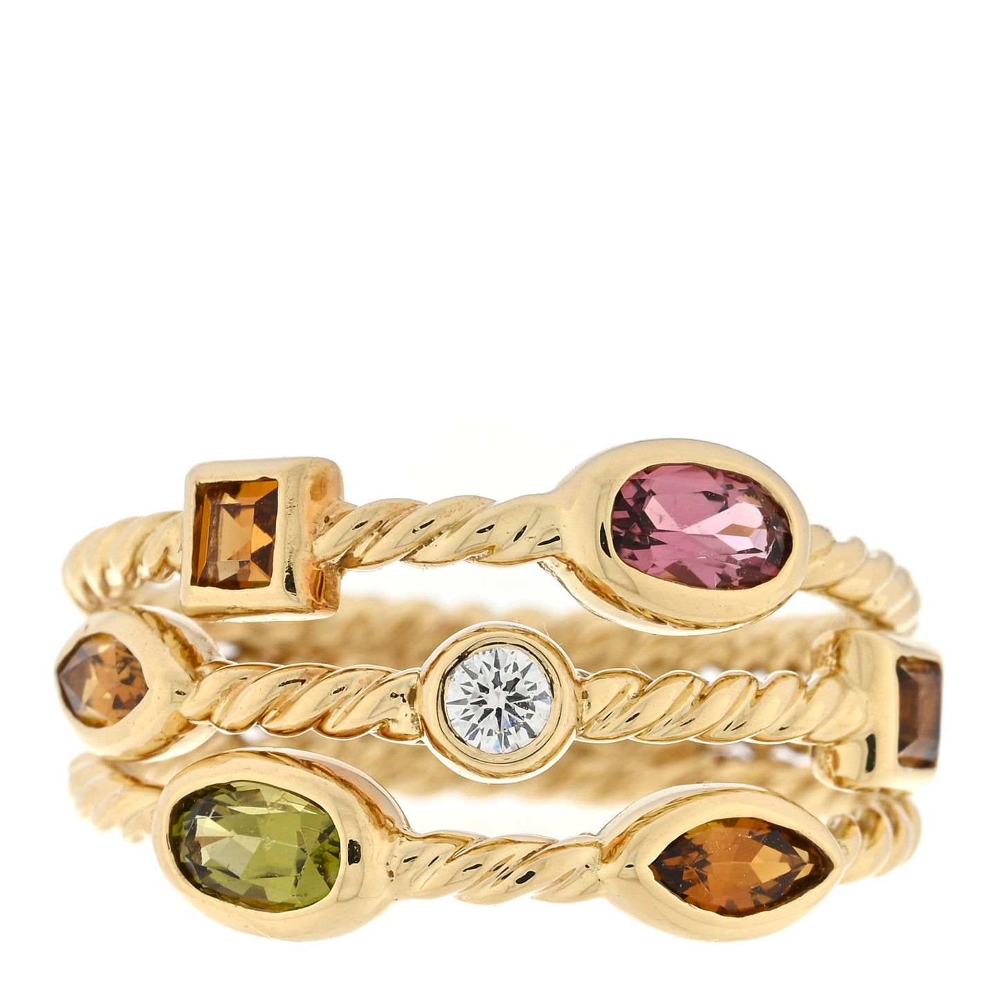 18K Yellow Gold Diamond Tourmaline Three Row Confetti Ring 54 6.75