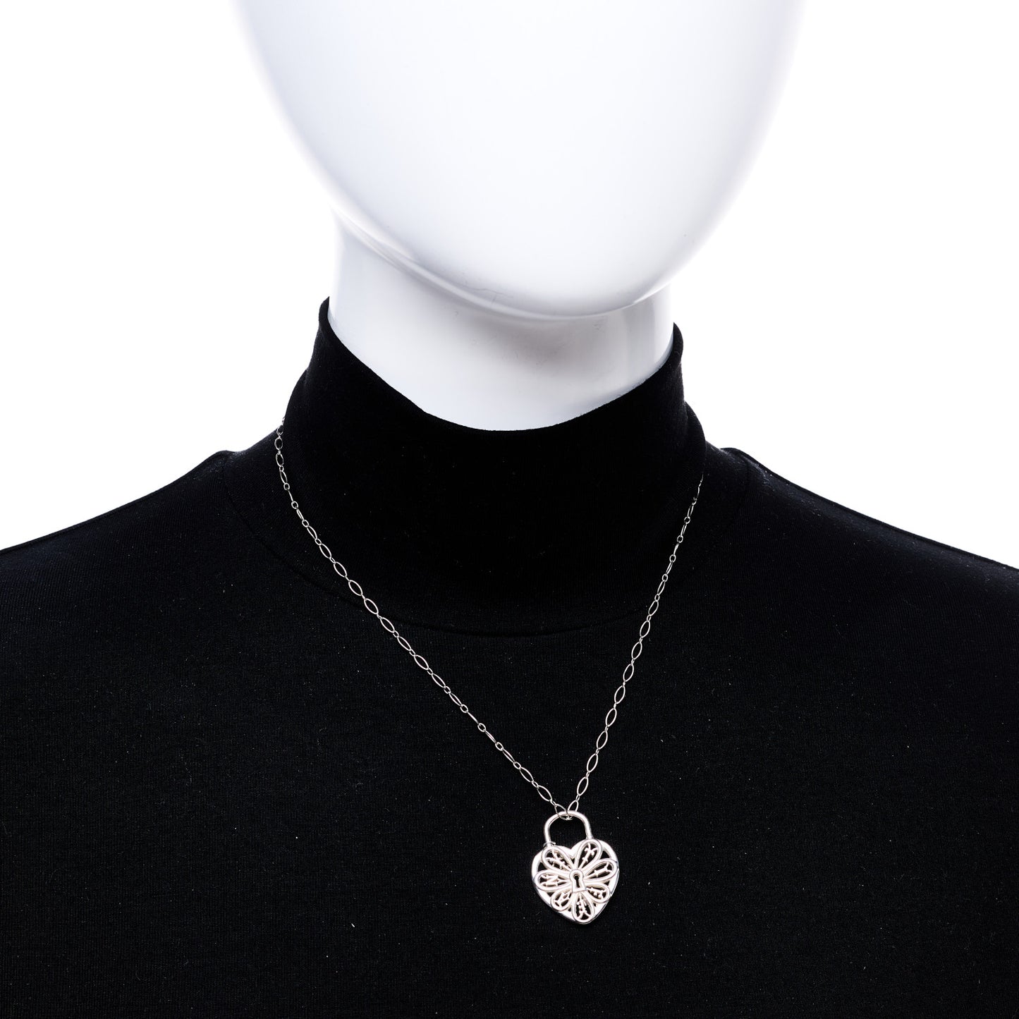 Sterling Silver Large Filigree Heart Lock Key Pendant Necklace