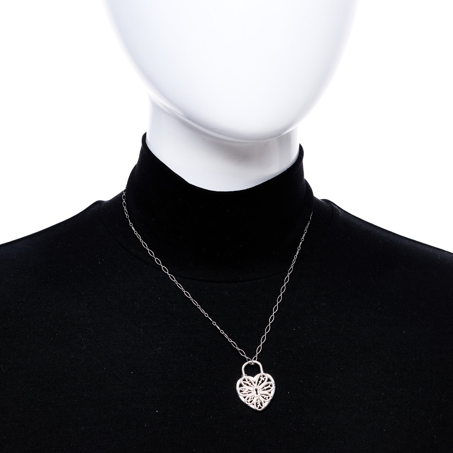 Tiffany Sterling Silver Large Filigree Heart Lock Key Pendant Necklace 2 of 6