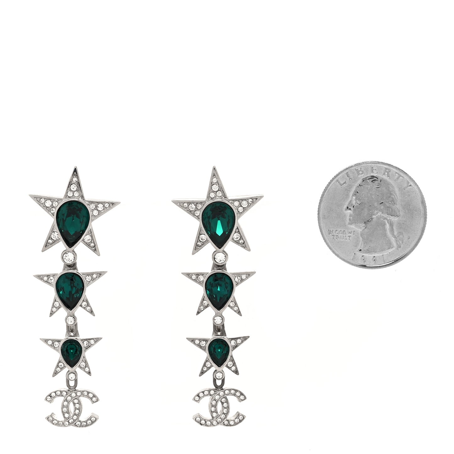 Crystal CC Star Drop Earrings Silver Green