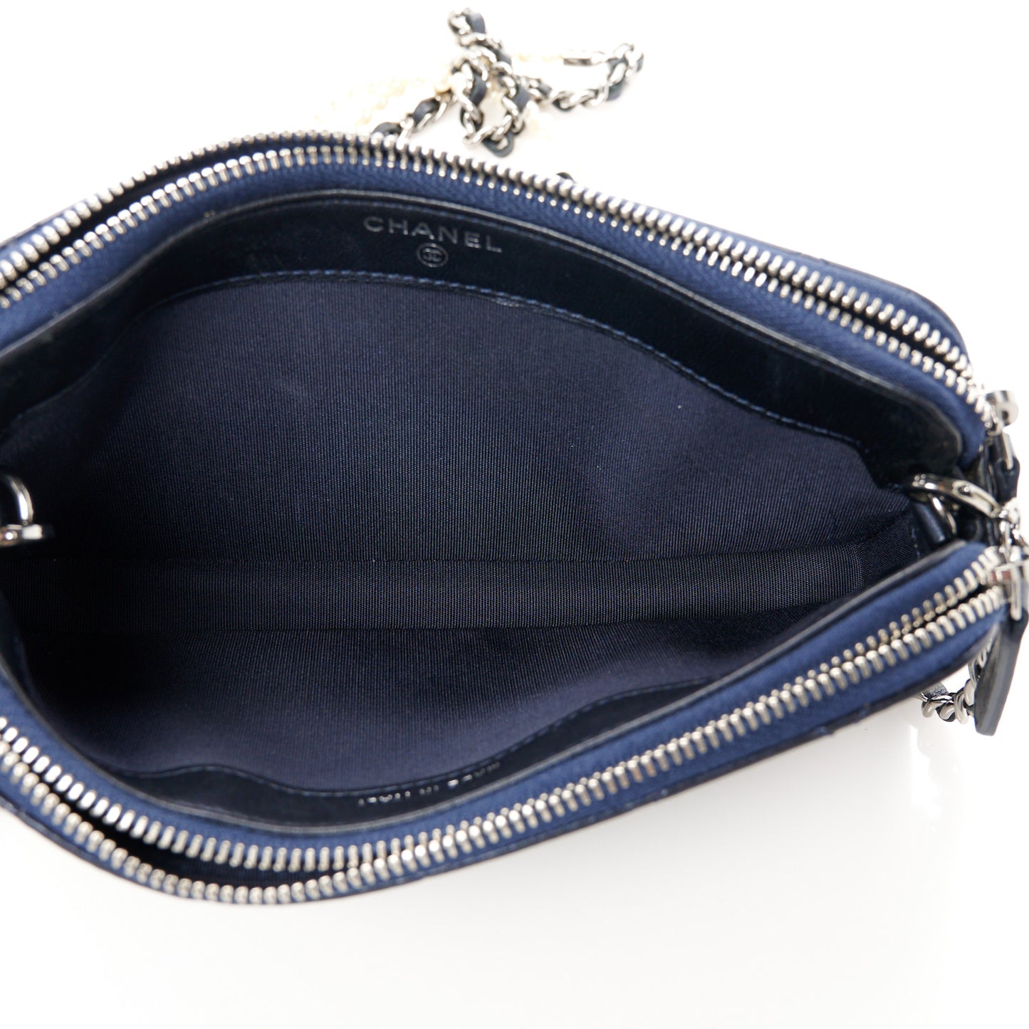 Lambskin Quilted Small Clutch With Pearl Chain Navy Blue