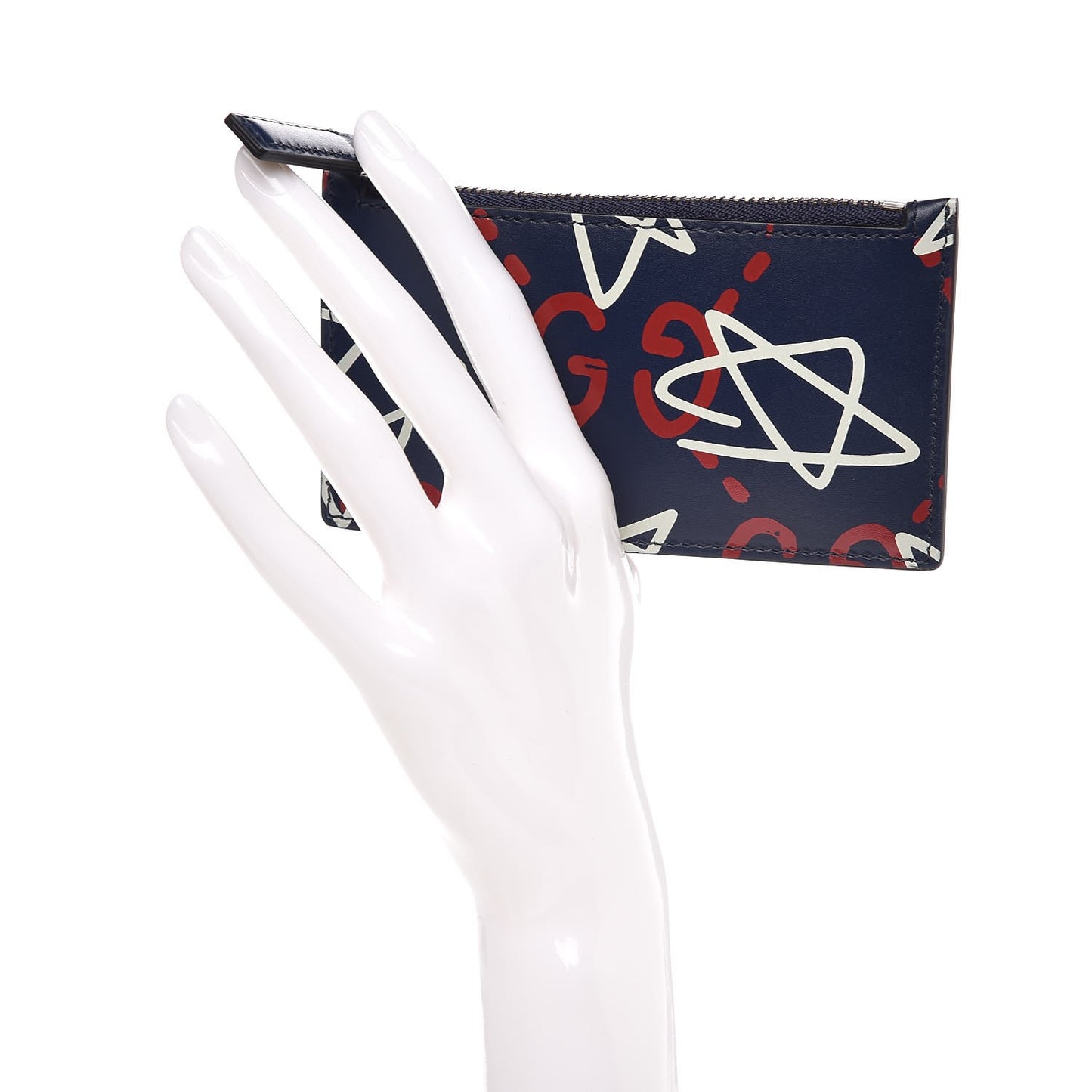 Calfskin GucciGhost Coin Case Card Holder Blue Agata Hibiscus Red