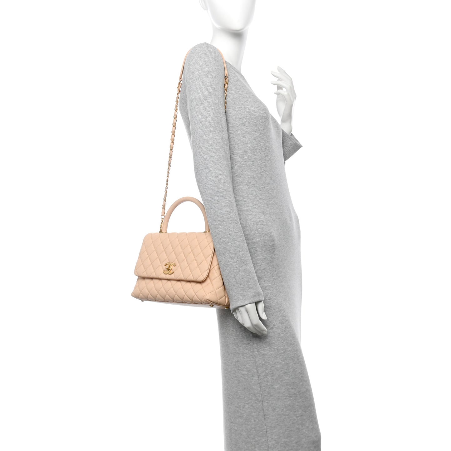 Caviar Quilted Small Coco Handle Flap Beige