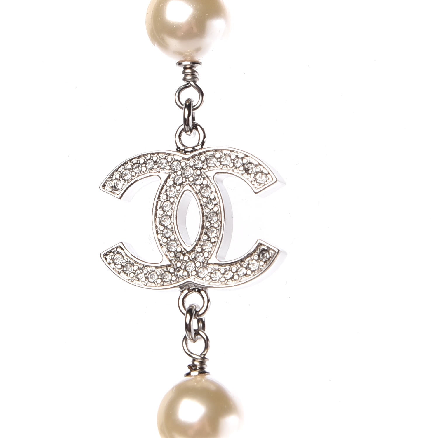 Chanel Crystal Pearl CC Long Necklace Silver 4 of 6