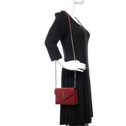 Saint Laurent Grain De Poudre Matelasse Chevron Monogram Envelope Chain Wallet New Red 2 of 11