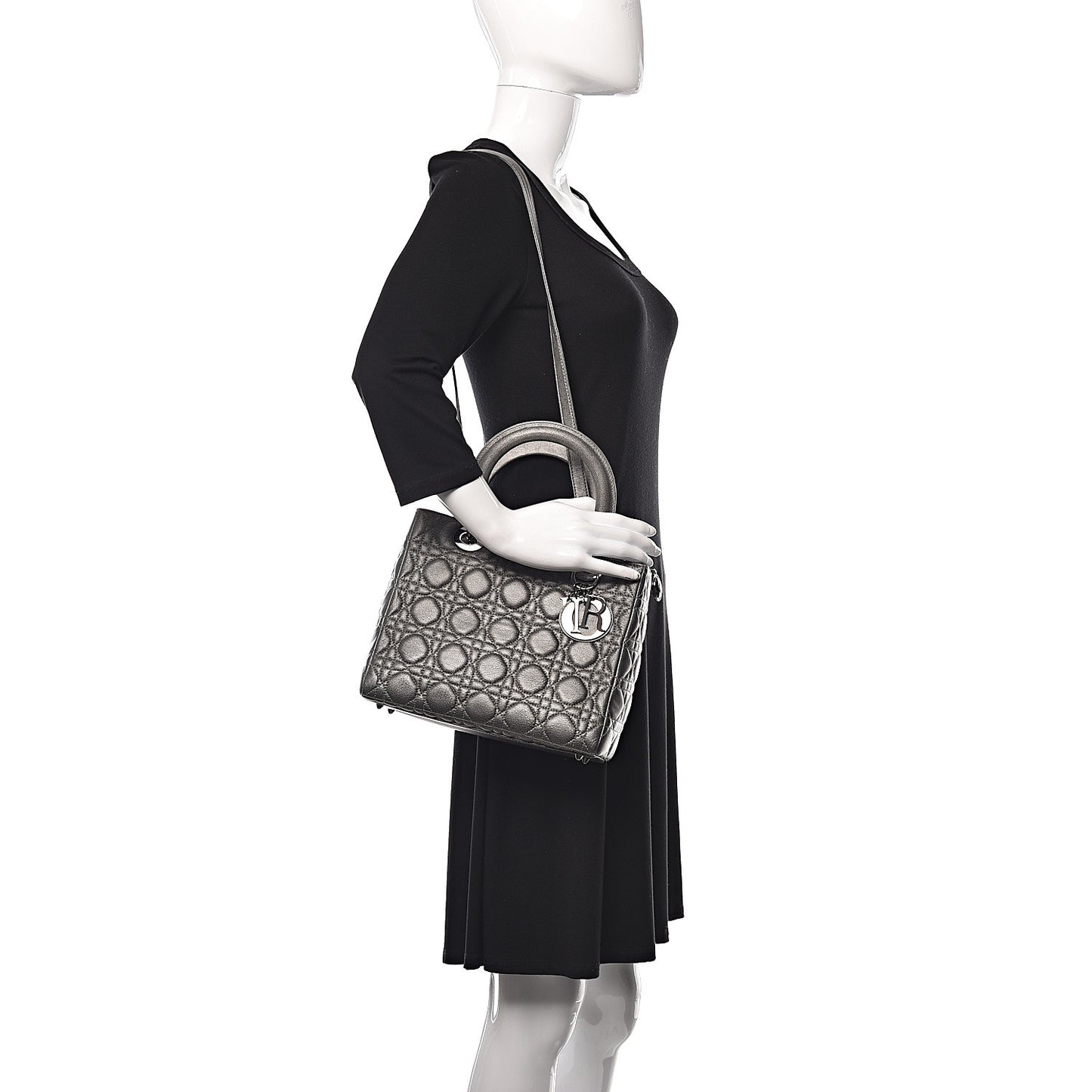 Metallic Lambskin Cannage Medium Lady Dior Gunmetal