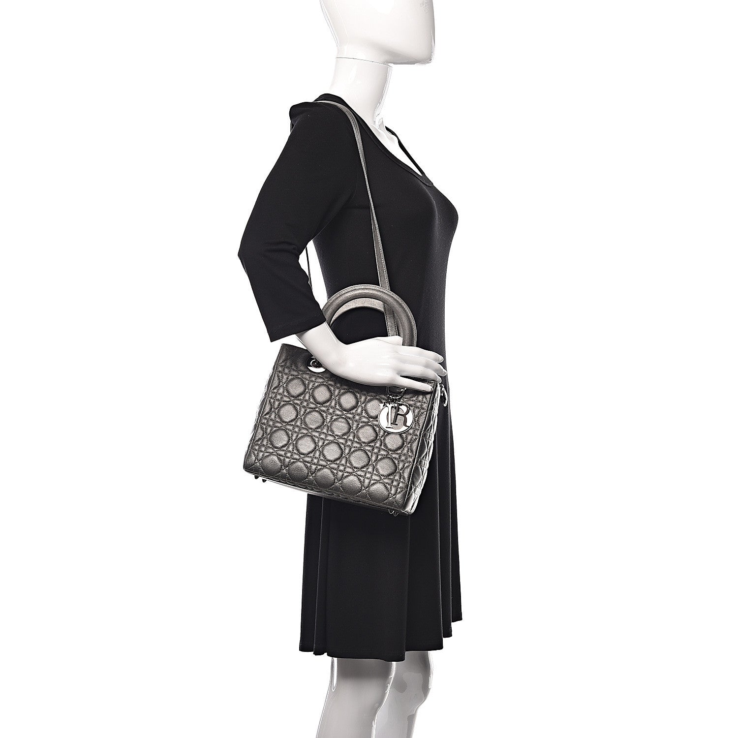 Christian Dior Metallic Lambskin Cannage Medium Lady Dior Gunmetal 2 of 15