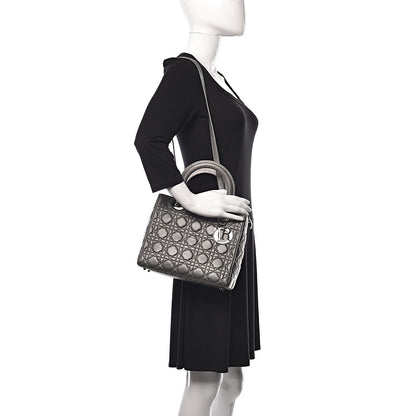 Christian Dior Metallic Lambskin Cannage Medium Lady Dior Gunmetal 2 of 15